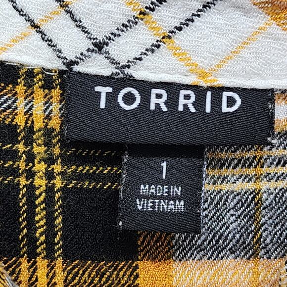 Torrid Top Womens 1 1X/14-16 Yellow Black Plaid Peplum Crinkle Flannel Gauze - Picture 4 of 10